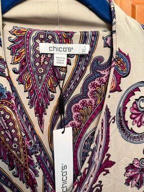 Chico's Paisley V-Neck Top in Beige with Pink & Purple Accents